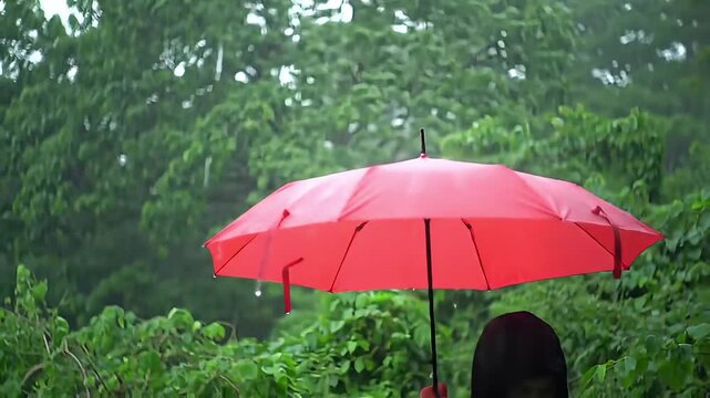 A vibrant red umbrella shields a person from falling rain amidst lush green trees, capturing a serene and peaceful rainy day scene outdoors.