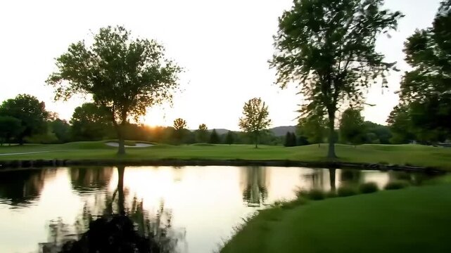 Peaceful golden hour golf course. Calm pond reflects the vibrant sunset sky, lush green fairways, and mature trees.