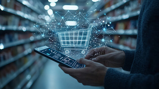 Online shopping with mobile app and digital trolley for retail business concept store