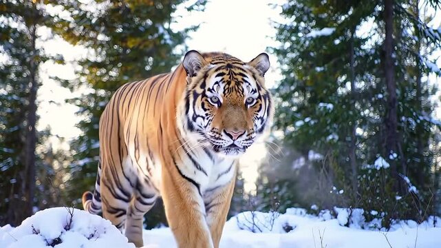 Powerful Siberian tiger walking through a pristine snowy winter forest, its piercing eyes captivating.