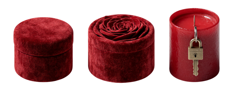 Elegant Red Velvet Boxes with Rose and Candle on Transparent Background