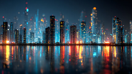 Fototapeta premium Cityscape skyline at night with colorful lights reflecting in the water urban landscape view