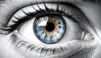 Close-up of an eye, showcasing intricate details of the iris and surrounding structures, in a grayscale image with a striking blend of color within the pupil.