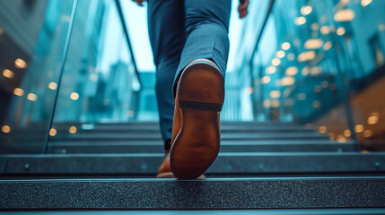 Obraz na płótnie Canvas Man in brown leather shoes walking up stairs in the city for business success concept