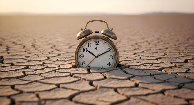 Wasting Time A Clock Sinking in the Cracked Earth of a Dry, Barren Landscape