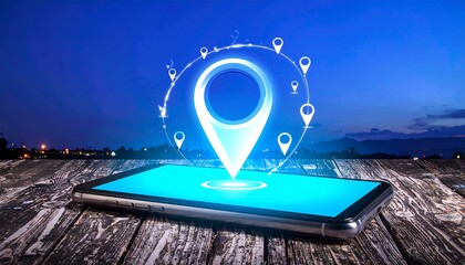 Digital Smartphone Displaying Cyan Geo Targeting Concept with Glowing Location Pin Cluster and City Background