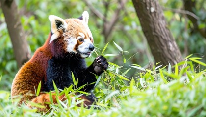 Red panda feasting on fresh bamboo shoots amidst lush greenery.