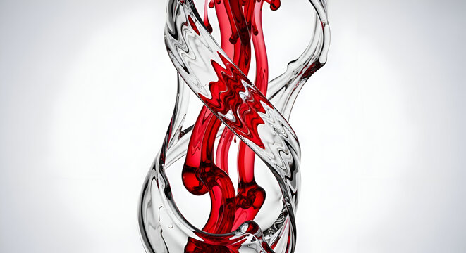 An abstract 3D rendering of red liquid, resembling blood, intricately twisting within a clear, swirling vortex of water on a clean white background