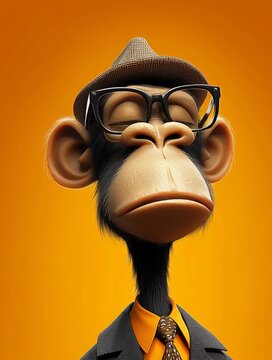 A Cartoon Monkey in a Suit and Hat with a Yellow Background Generative AI