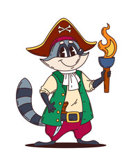 Cartoon raccoon pirate funny animal corsair character dressed in captain hat with crossbones, sword on belt, green coat and red pants, holding a flaming torch. Vector adventurous nautical personage