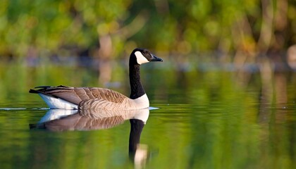 Obraz premium A serene Canada goose gracefully glides across a tranquil pond, its reflection mirroring its form perfectly in the still water, against a backdrop of soft, out-of-focus greenery.