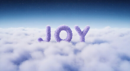JOY Word in Fluffy Pastel Purple Letters on Dreamy Clouds with Nebula Background