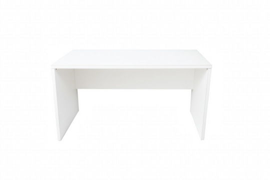 Modern rectangular table with white surface and angular legs on transparent background