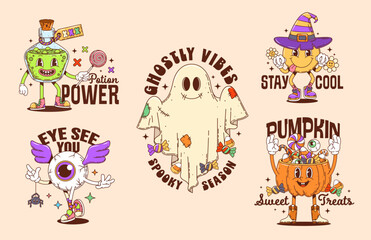 Halloween groovy characters stickers and t shirt prints. Vector playful cartoon ghost, potion bottle, candy pumpkin bucket, eyeball and smile retro characters emphasizing spooky fun and sweet treats