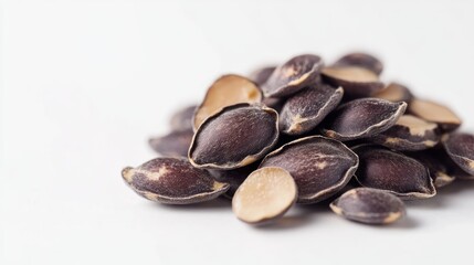 Obraz premium Macro close-up featuring a pile of dried melon seeds on a stark white background