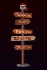 Pirate wooden sign board, corsair signage with pirate sailor skull and bandana, vector game UI. Cartoon wood post with old wooden planks and rocks. Treasure island, tavern and hidden booty sign boards