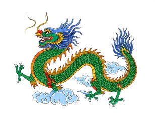 Colorful stylized dragon on clouds
