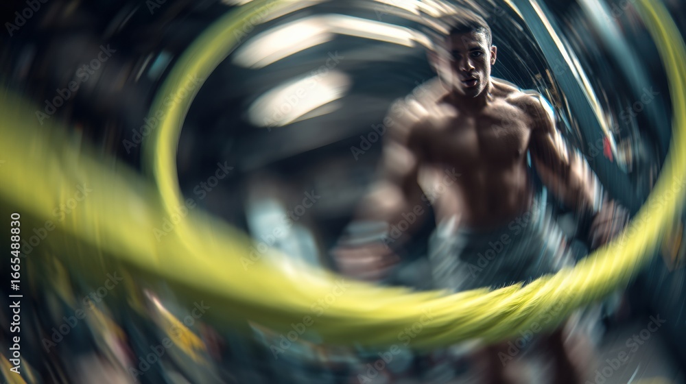 Poster dynamic workout session with a focus on rope training in a modern gym environment during late aftern