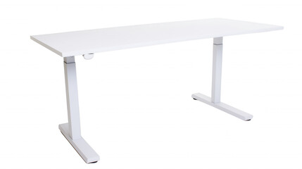 Modern white desk with metal legs and adjustable height mechanism on transparent background