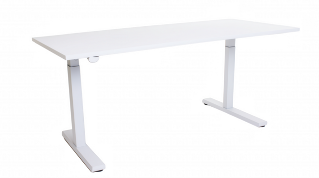 Modern white desk with metal legs and adjustable height mechanism on transparent background