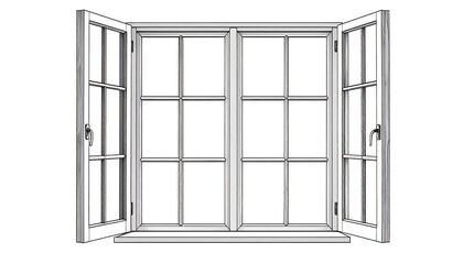 Line drawing of a double-hung window, open, showing detailed panes and frame