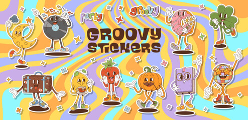 Cartoon groovy characters stickers pack. Vinyl record, donut, pumpkin, strawberry and suitcase, lemon, disco ball, clover and crescent moon on retro swirl background evoking party fun and nostalgia
