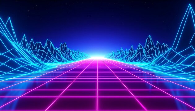 Retrofuturistic Neon Grid Valley With Cyan And Magenta Glow Above Horizon