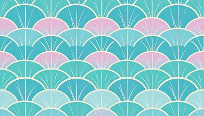 Seamless Geometric Fan Pattern In Teal And Pink With White Lines On Beige Background