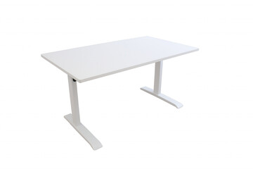 Sleek minimalist desk with white top and curved legs on transparent background