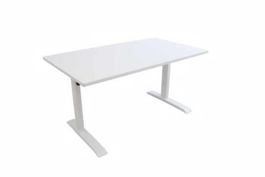 Sleek minimalist desk with white top and curved legs on transparent background