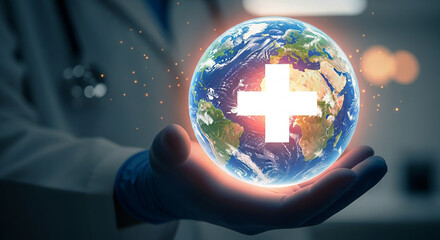 Global Healthcare: A Doctor Holds a Glowing Earth with a White Cross. Global Health Initiatives, World Medical Care, and Digital Health Solutions