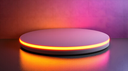 Sleek, round platform with built in LED stripe lighting emits warm glow against textured studio wall, creating modern and vibrant atmosphere