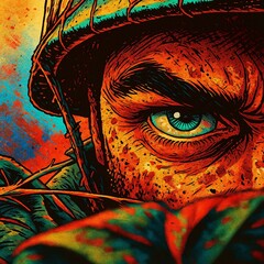 A soldier’s intense eye focused, surrounded by fiery battle colors.