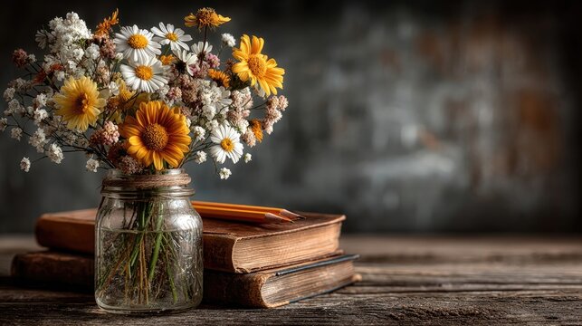 A bouquet of pencils and books on a wooden desk with chalkboard background, glowing warm light