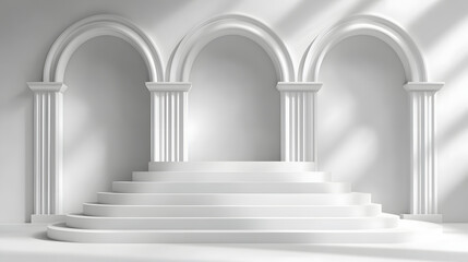 Fototapeta premium Elegant white architectural scene with symmetrical arches and columns, featuring multi tiered platform. soft lighting creates luxurious and serene atmosphere