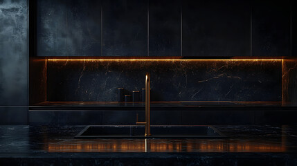Sleek, minimal black kitchen features luxurious setting with jet black cabinets and modern sink. ambient lighting adds warm glow, enhancing elegant design
