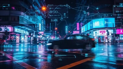 Futuristic Hong Kong street scene with neon lights and augmented reality interface overlay - Powered by Adobe