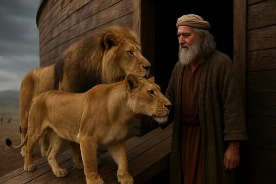 Noah Gathering the Animals, Preparing the Ark Before the Great Flood and pairs of animals