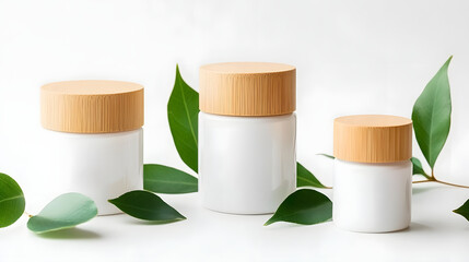 White skincare jars with bamboo lids are elegantly arranged with green leaves, creating natural and eco friendly aesthetic. minimalist design emphasizes sustainability and beauty