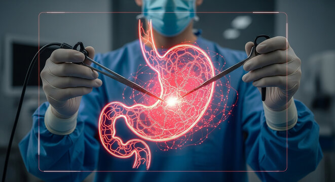 Advanced Gastric Surgery: A Surgeon Performs a Procedure on a Holographic 3D Stomach. Medical Technology, Laparoscopy, and Digital Health in Digestive Surgery