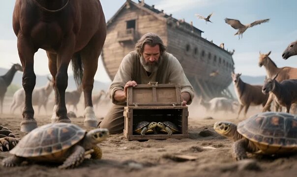 Noah Gathering the Animals, Preparing the Ark Before the Great Flood and pairs of animals