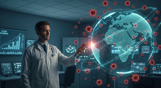 Global Health and Epidemic Response: A Doctor Interacting with a Futuristic 3D Globe with Virus Particles. Pandemic Surveillance, Digital Health, and Medical Research