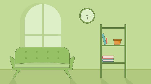 living room vector interior cartoon animation background video . furniture 2d simple decoration with sofa bookcase and window for apartment concept animated footage motion graphic illustration design