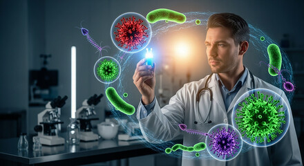 A Scientist or Doctor in a Modern Laboratory Interacting with a Digital Hologram of Viruses and Bacteria, representing the Future of Medical and Scientific Research