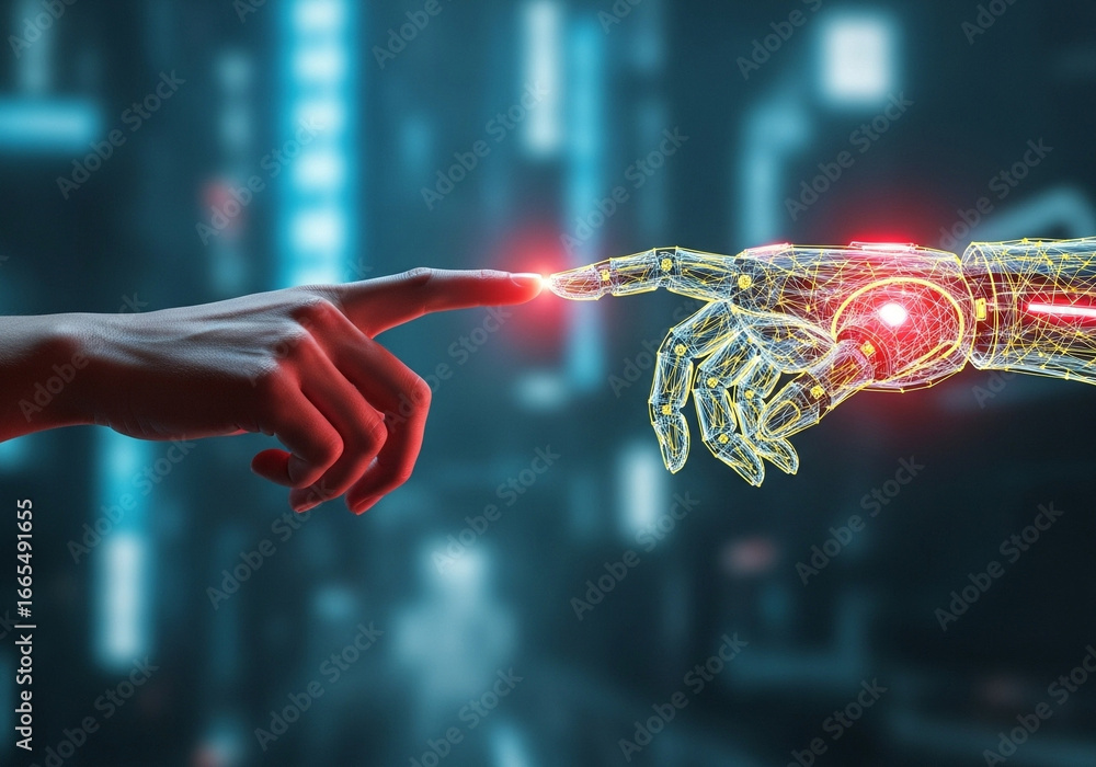 Poster human and robot touch fingertips, symbolizing ai integration and future technology connection