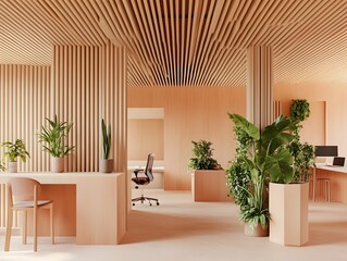 Modern Minimalist Office Interior Design with Wooden Accents and Lush Greenery