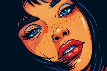 Close-up of a freckled woman with piercing blue eyes and red lips.