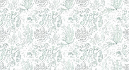 Obraz premium Seaweed and Seahorse Seamless Pattern Teal Green Ocean Illustration