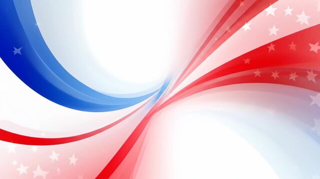 Abstract patriotic design with red, blue, and white curved lines and stars
