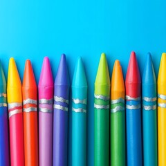 Colorful Crayons Row on Blue Background Art Supplies